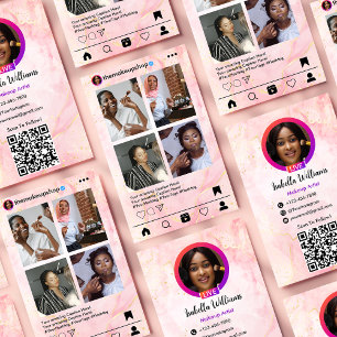 Instagram POST Makeup Artist Pink Marble QR Code  Business Card