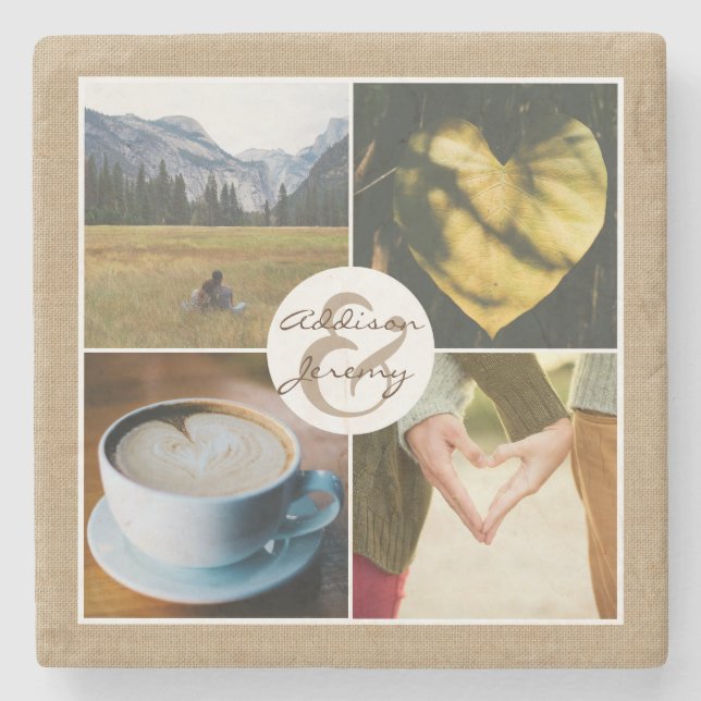 Instagram Rustic Burlap Personalised Photo Grid Stone Coaster (Front)