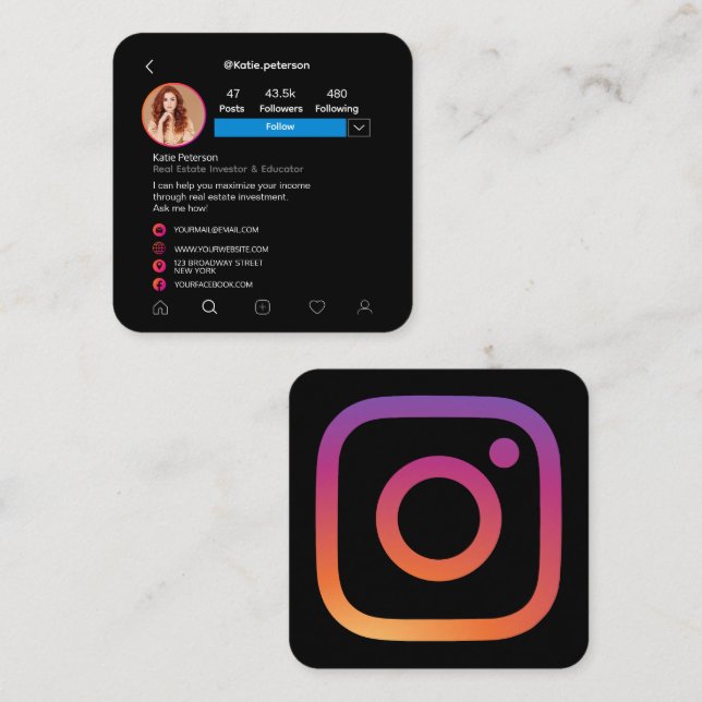 Instagram Social Media Profile Photo Square Business Card (Front/Back)