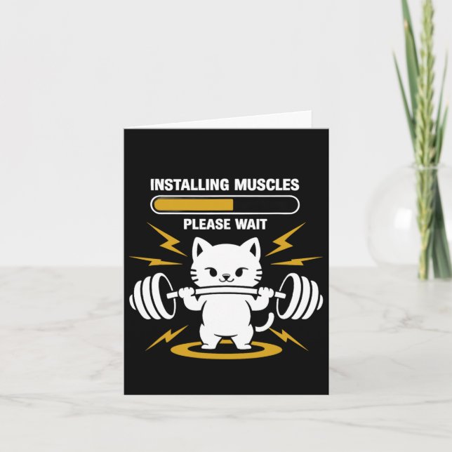 Installing Muscles Please Wait Cute Gym Cat Bodybu Card (Front)