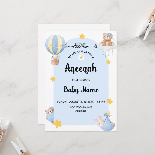 Instant Blue Aqeeqah Aqiqah Invitation Card (Front/Back In Situ)