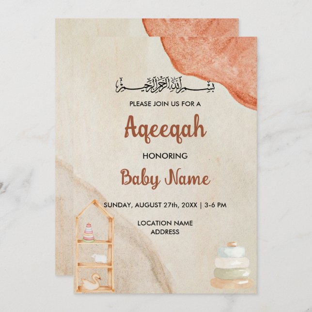 Instant Boho Cream Aqeeqah Aqiqah Invitation Card (Front/Back)