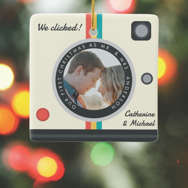 Instant Camera Couple Photo First Christmas Ceramic Ornament (Creator Uploaded)