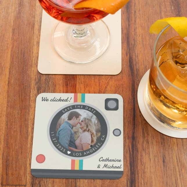 Instant Camera Couple Photo Unique Save The Date Square Paper Coaster (Creator Uploaded)
