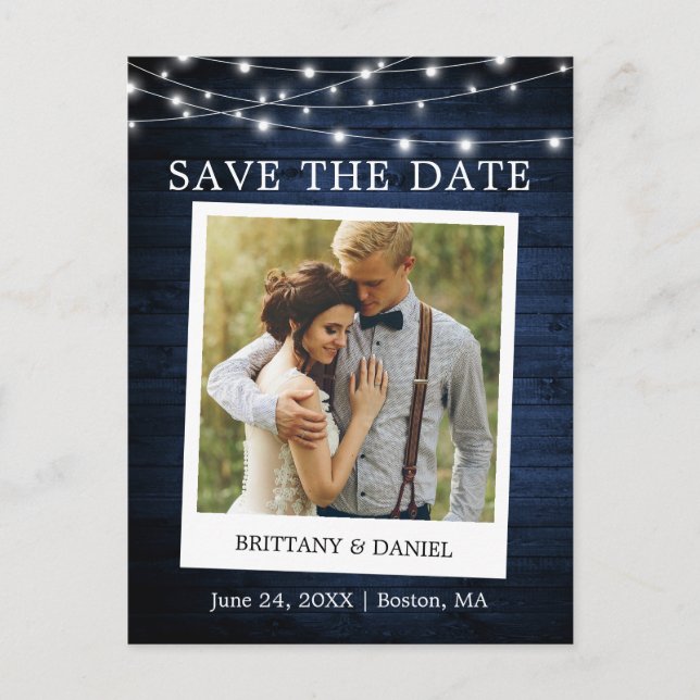 Instant Camera Photo Lights Wood Save The Date Postcard (Front)