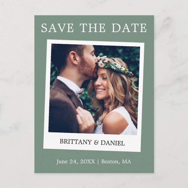 Instant Camera Photo Save The Date Sage Green Postcard (Front)