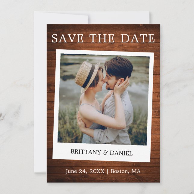 Instant Camera Style Couple Photo Wood Save The Date (Front)