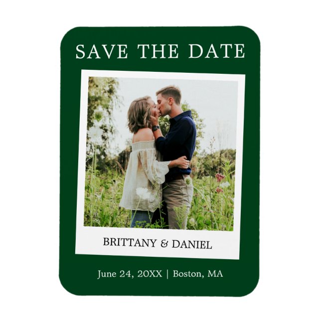 Instant Camera Style Photo Save The Date Green Magnet (Vertical)
