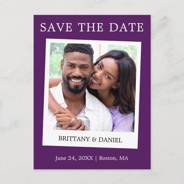 Instant Camera Style Photo Save The Date Purple Postcard (Front)