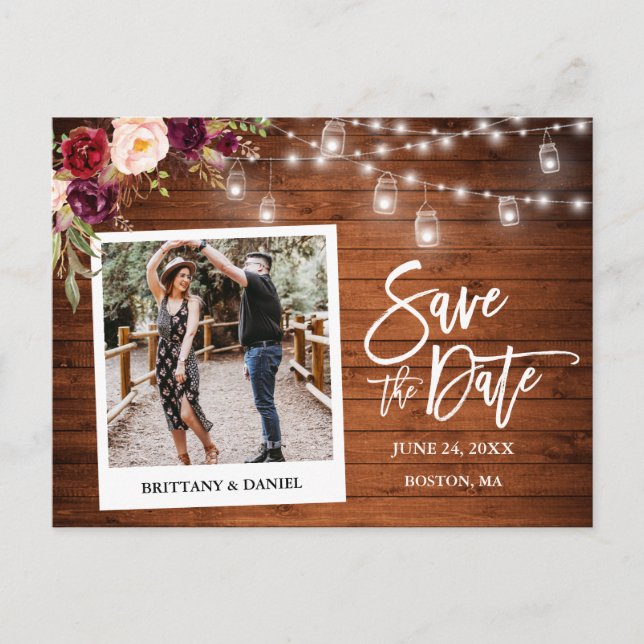 Instant Camera Wood Floral Jars Save The Date Postcard (Front)