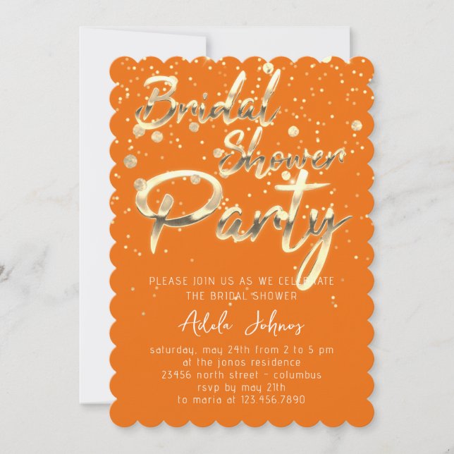 Instant Download Bridal Shower Party Orange Gold   Invitation (Front)