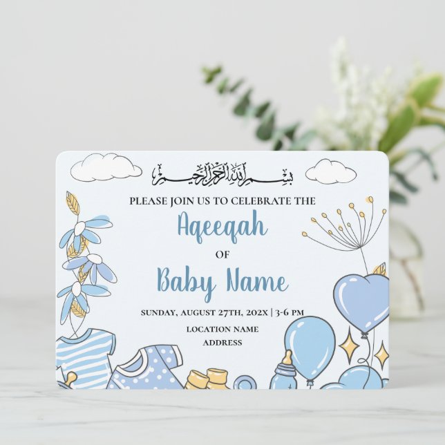 Instant Editable Baby Boy Aqeeqah Invitation Card (Standing Front)