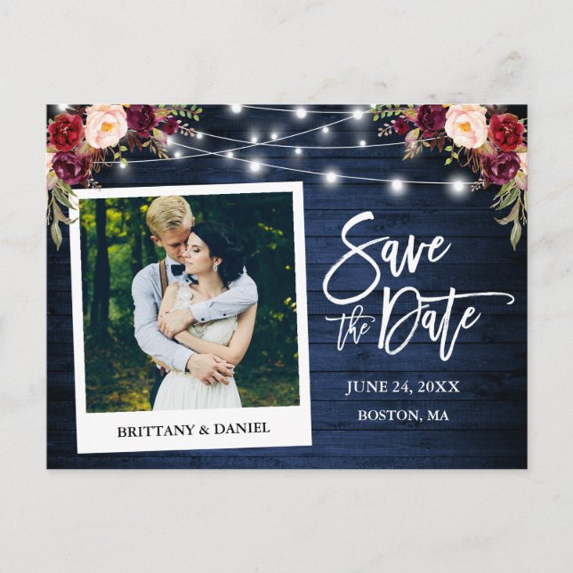 Instant Photo Blue Wood Floral Save The Date Postcard (Front)