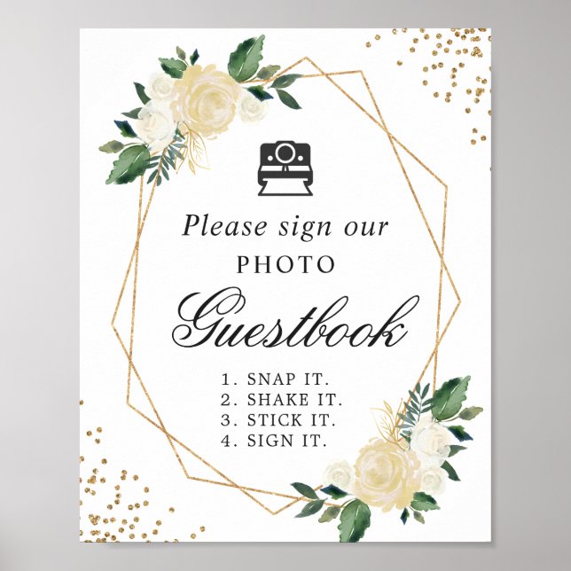 Instant Photo Guestbook Sign Ivory Green Floral (Front)