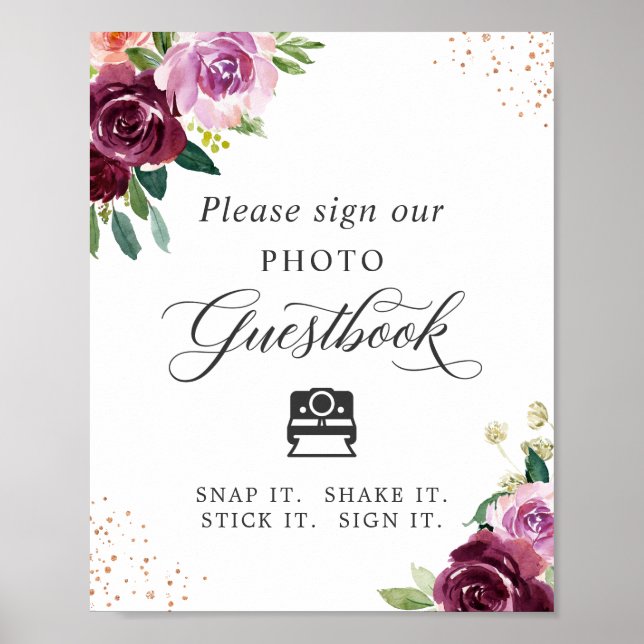 Instant Photo Guestbook Sign Plum Purple Floral (Front)