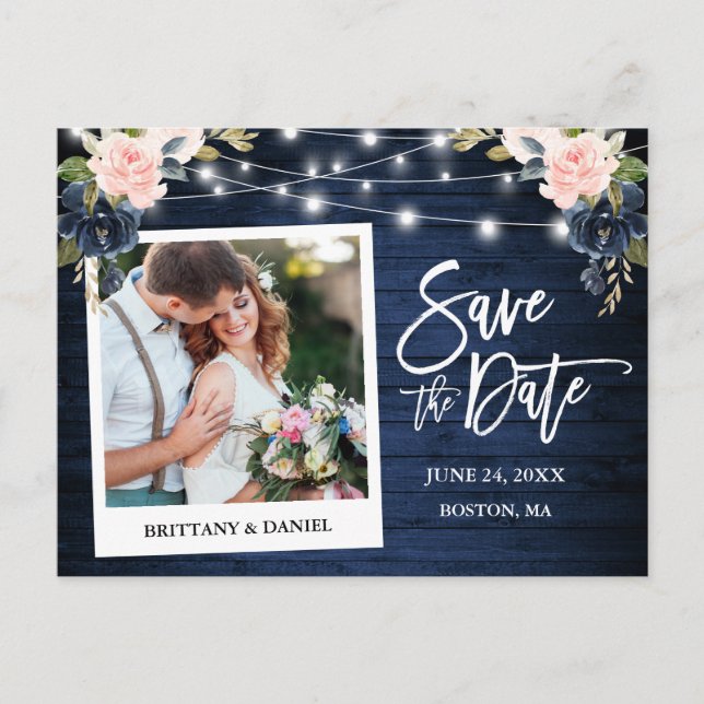 Instant Photo Wood Pink Blue Floral Save The Date Postcard (Front)