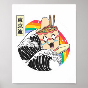 Instant Ramen Noodles Surfing Japanese Wave Rainbo Poster