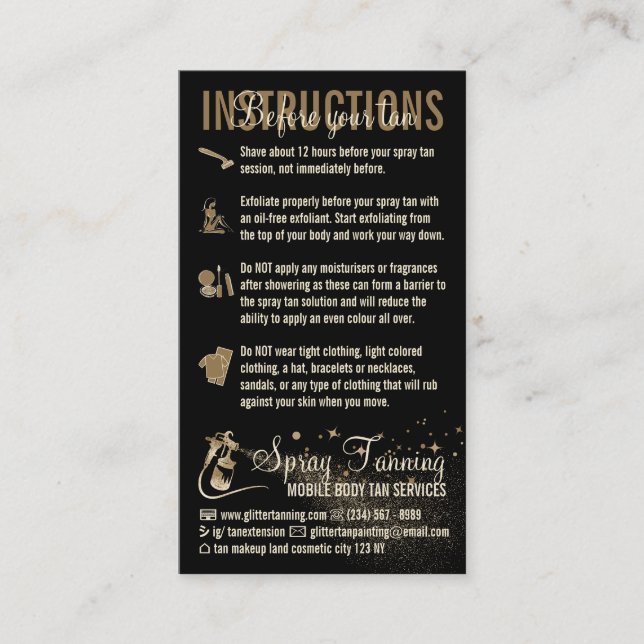 Instructions Spray Tan Before After Care Guide Business Card (Front)