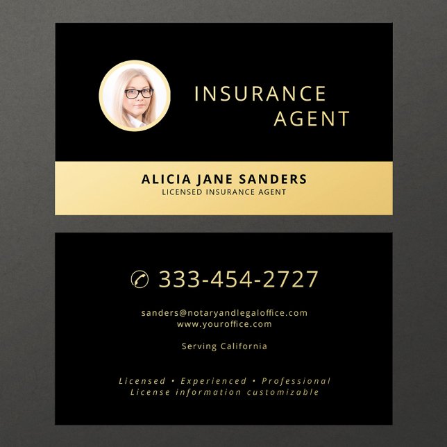 Insurance agent  black gold professional photo business card (Creator Uploaded)
