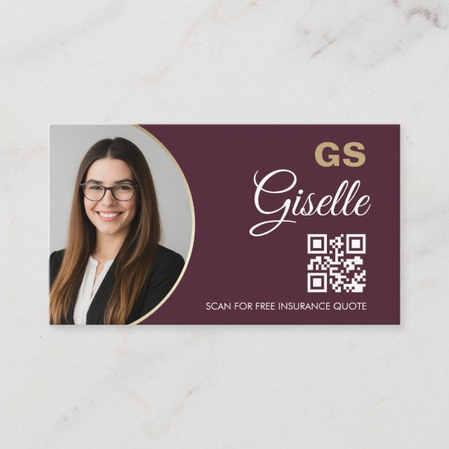 Insurance Agent Burgundy Gold Photo QR Code  Business Card (Front)