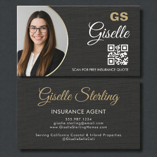 Insurance Agent Linen Black Photo QR Code  Business Card