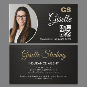 Insurance Agent Metallic Black Photo QR Code  Business Card