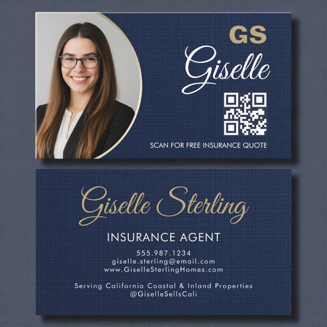 Insurance Agent Navy Blue Gold Photo QR Code Linen Business Card (Creator Uploaded)