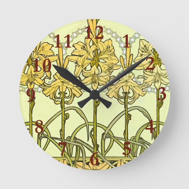 intage Alphonse Mucha Art Nouveau Lily Pattern Round Clock (Front)