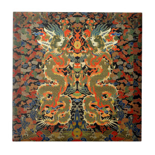 intage Chinese Dragon Textile Print Asian Art Ceramic Tile