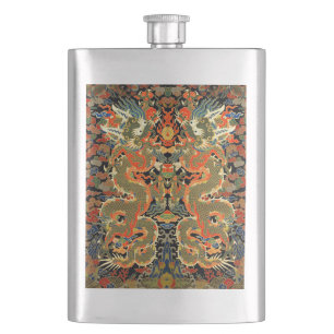 intage Chinese Dragon Textile Print Asian Art Hip Flask