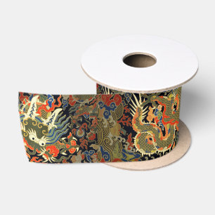 intage Chinese Dragon Textile Print Asian Art Satin Ribbon