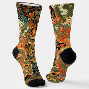 intage Chinese Dragon Textile Print Asian Art Socks