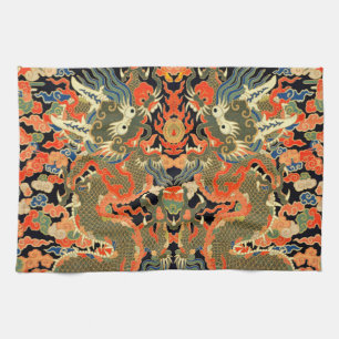 intage Chinese Dragon Textile Print Asian Art Tea Towel