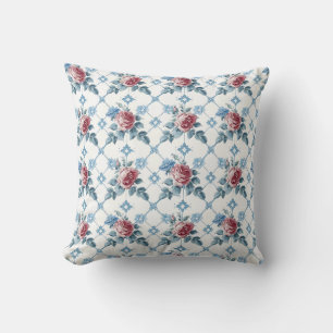 intage Floral Red & Blue Roses Decorative Cushion