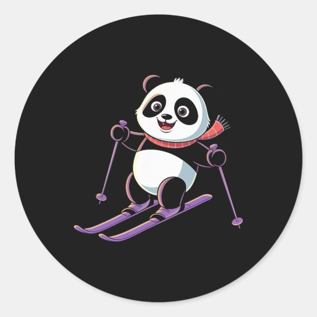 Intelligent Panda Playing Skiing Funny Humorous  Classic Round Sticker (Front)