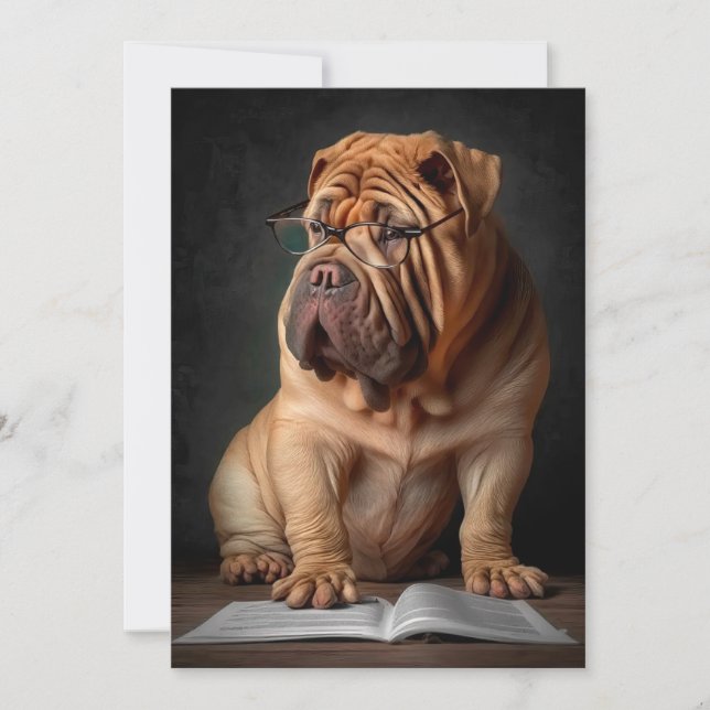 Intelligent Shar Pei Dog with Book Design Card (Front)