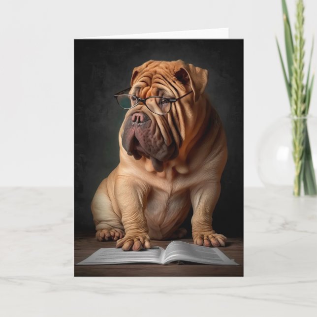 Intelligent Shar Pei Dog with Book Design Card (Front)
