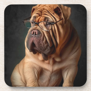 Intelligent Shar Pei Dog with Book Design Coaster