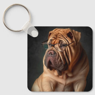 Intelligent Shar Pei Dog with Book Design Key Ring