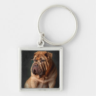 Intelligent Shar Pei Dog with Book Design Key Ring