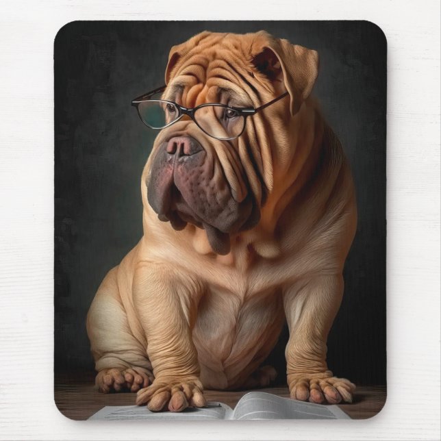 Intelligent Shar Pei Dog with Book Design Mouse Pad (Front)