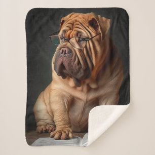 Intelligent Shar Pei Dog with Book Design Sherpa Blanket