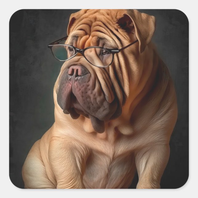 Intelligent Shar Pei Dog with Book Design Square Sticker (Front)