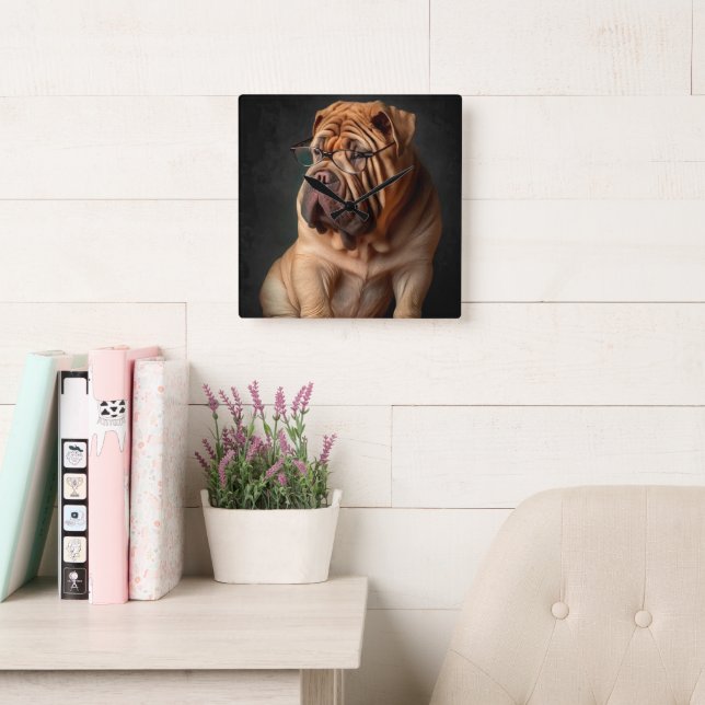 Intelligent Shar Pei Dog with Book Design Square Wall Clock (Reading Room)