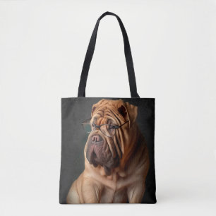 Intelligent Shar Pei Dog with Book Design Tote Bag