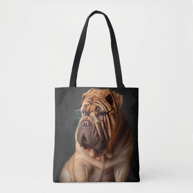 Intelligent Shar Pei Dog with Book Design Tote Bag (Front)
