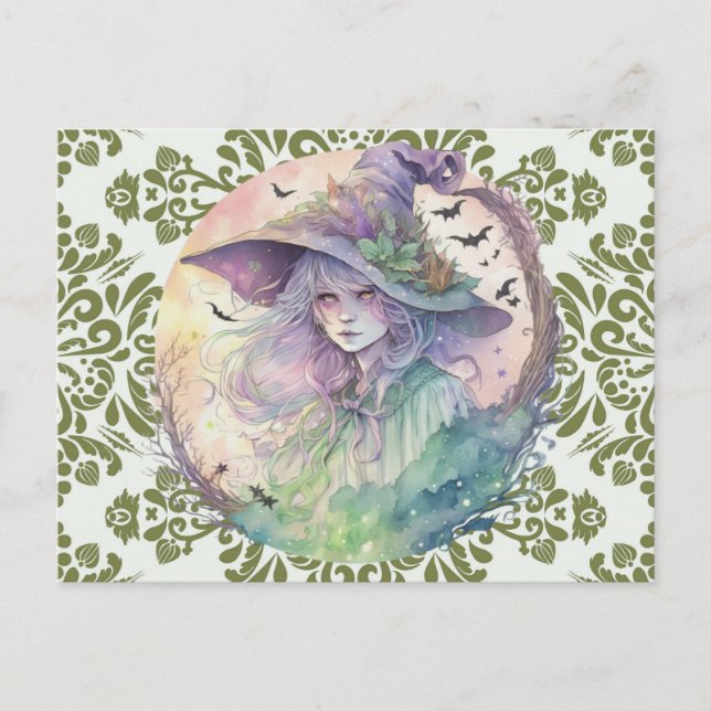Intense and Scary Pastel Witch Damask Halloween Holiday Postcard (Front)