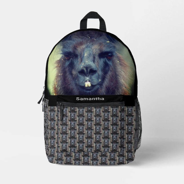 Intense Black Llama Face Personalised Printed Backpack (Front)
