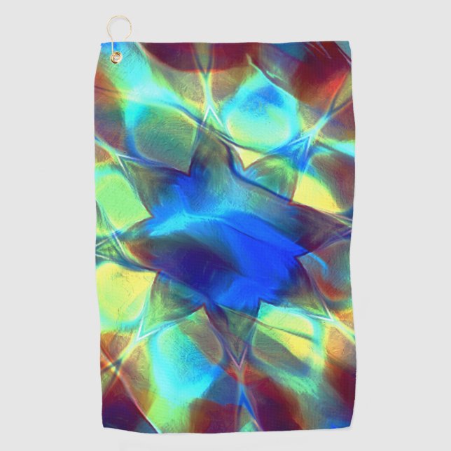 Intense blue digital flower contrasting with brown golf towel (Front)
