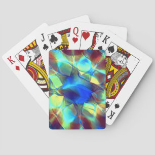 Intense blue digital flower contrasting with brown playing cards